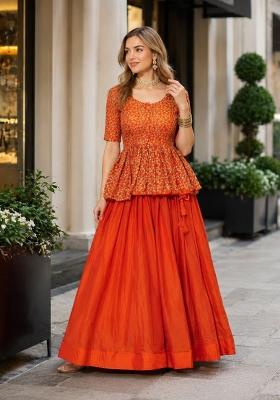 Orange Embroidery Silk Chaniya Choli Set For Navratri And Garba