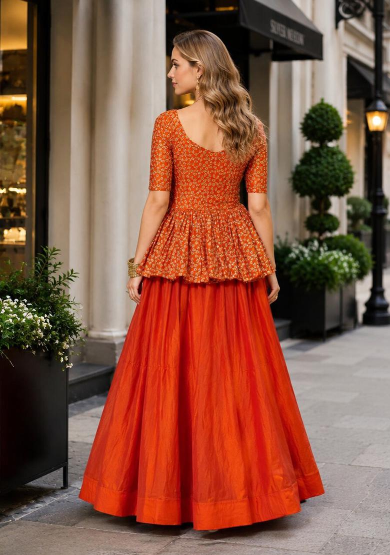 Orange Embroidery Silk Chaniya Choli Set For Navratri And Garba - Indya