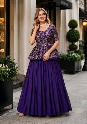 Violet Embroidery Silk Chaniya Choli Set For Navratri And Garba