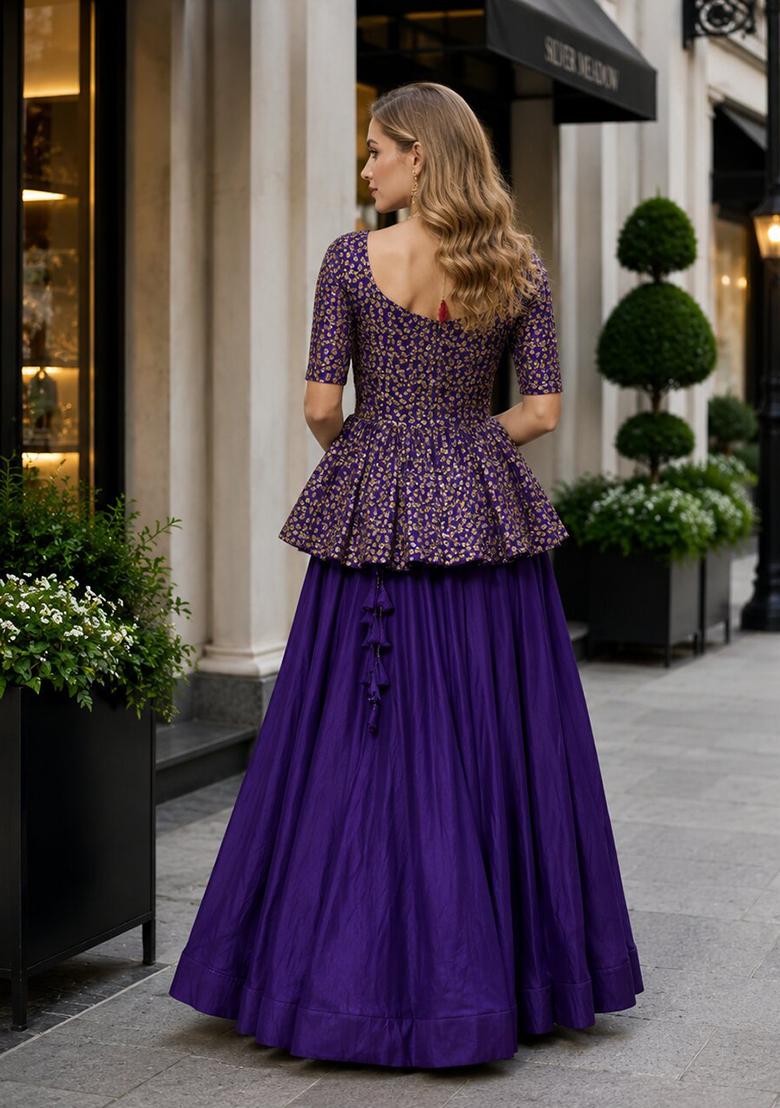 Violet Embroidery Silk Chaniya Choli Set For Navratri And Garba - Indya