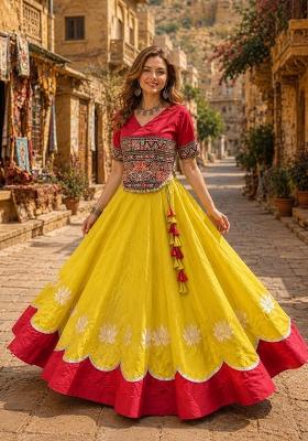 Yellow Mirror Work Silk Chaniya Choli Set For Navratri And Garba