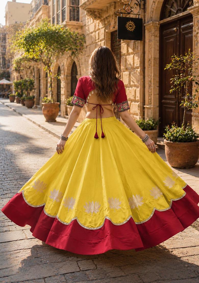 Yellow Mirror Work Silk Chaniya Choli Set For Navratri And Garba - Indya