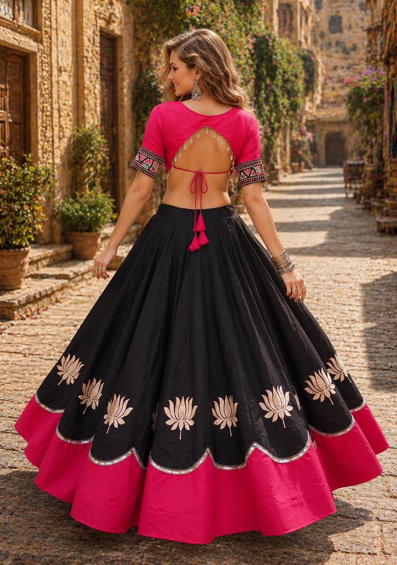 Black Mirror Work Silk Chaniya Choli Set For Navratri And Garba - Indya