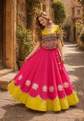 Rani Pink Mirror Work Silk Chaniya Choli Set For Navratri And Garba