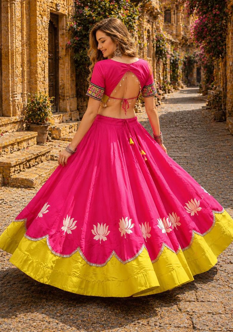 Rani Pink Mirror Work Silk Chaniya Choli Set For Navratri And Garba - Indya