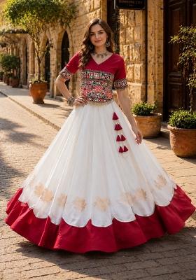 White Mirror Work Silk Chaniya Choli Set For Navratri And Garba