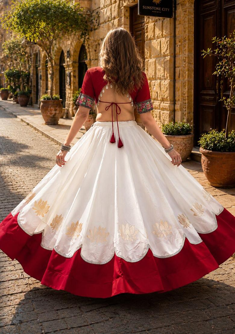 White Mirror Work Silk Chaniya Choli Set For Navratri And Garba - Indya