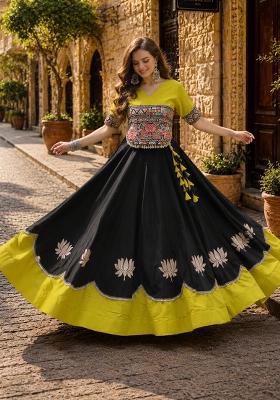 Black Mirror Work Silk Chaniya Choli Set For Navratri And Garba