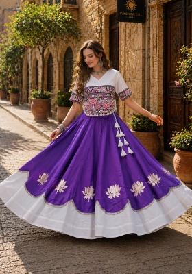 Violet Mirror Work Silk Chaniya Choli Set For Navratri And Garba