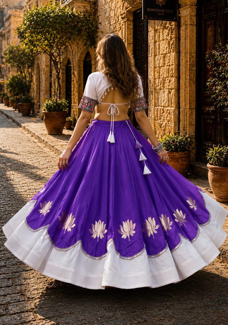 Violet Mirror Work Silk Chaniya Choli Set For Navratri And Garba - Indya
