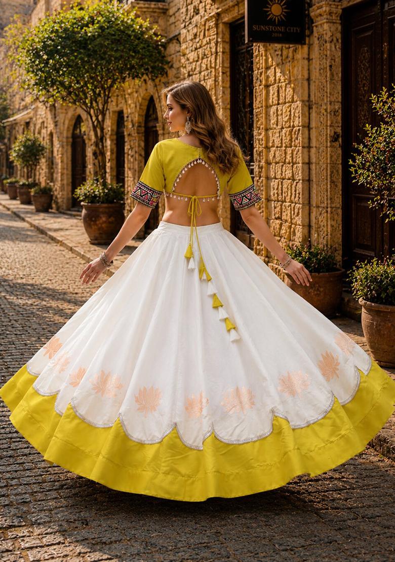 White Mirror Work Silk Chaniya Choli Set For Navratri And Garba - Indya