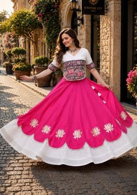 Rani Pink Mirror Work Silk Chaniya Choli Set For Navratri And Garba