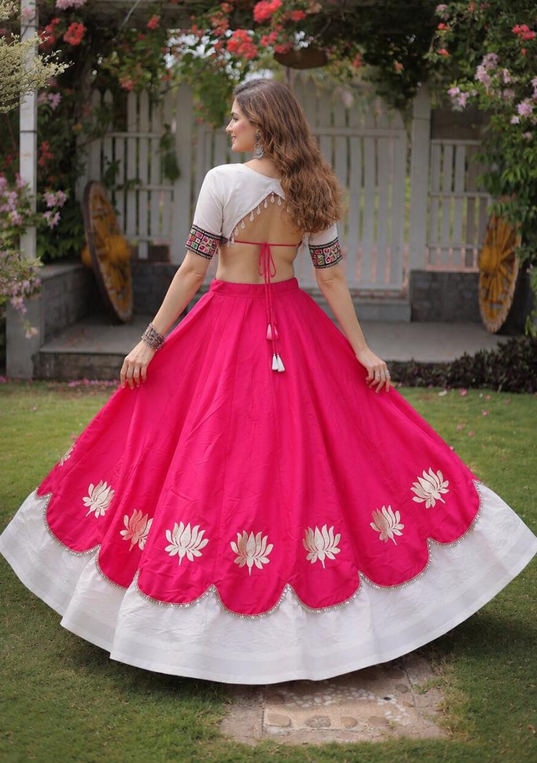 Rani Pink Mirror Work Silk Chaniya Choli Set For Navratri And Garba - Indya