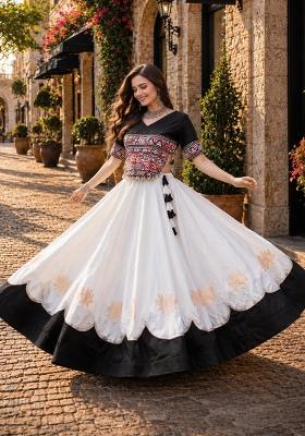 White Mirror Work Silk Chaniya Choli Set For Navratri And Garba