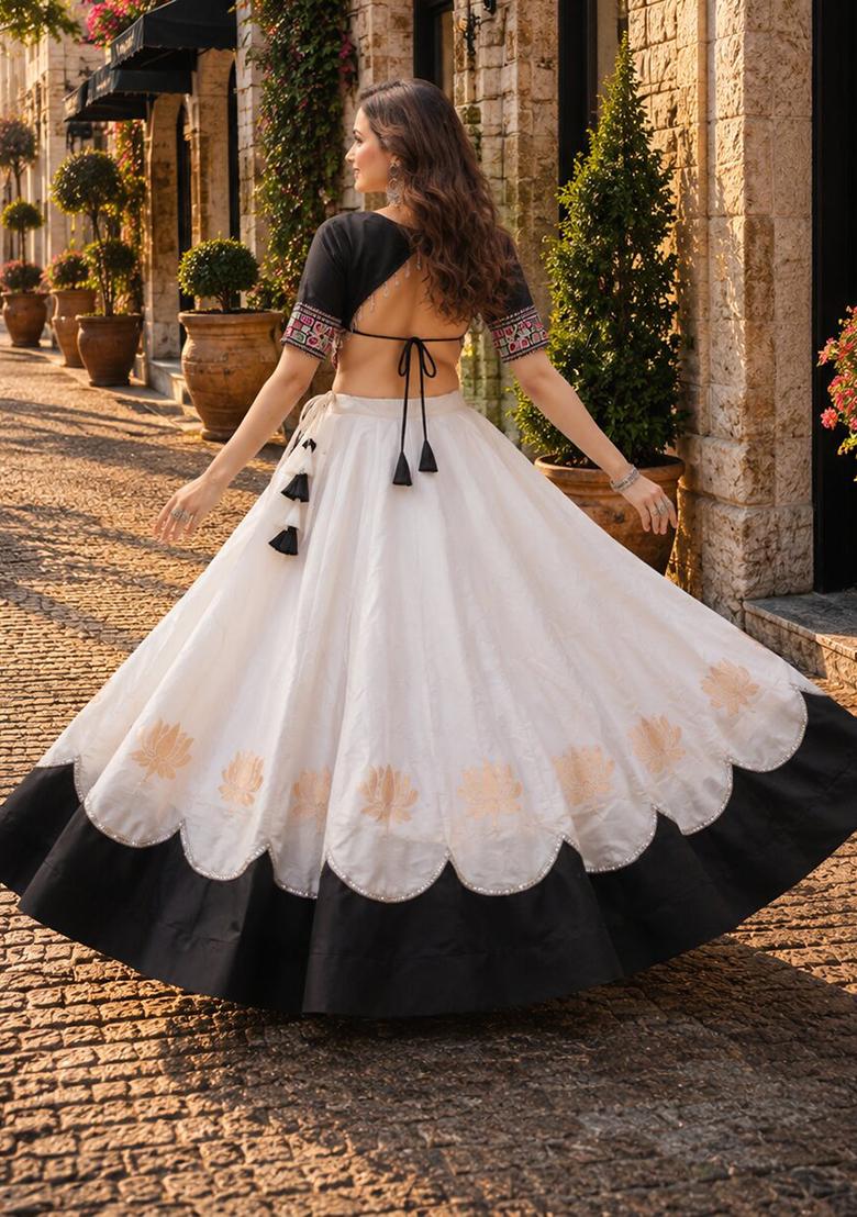 White Mirror Work Silk Chaniya Choli Set For Navratri And Garba - Indya
