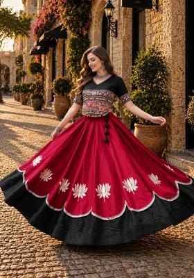 Red Mirror Work Silk Chaniya Choli Set For Navratri And Garba