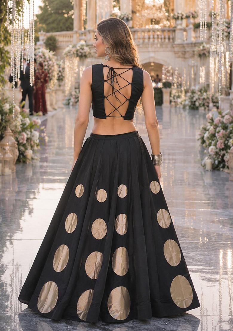 Black Mirror Work Silk Chaniya Choli Set For Navratri And Garba - Indya