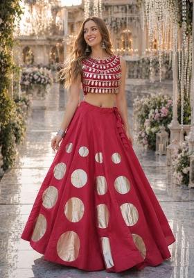 Red Mirror Work Silk Chaniya Choli Set For Navratri And Garba