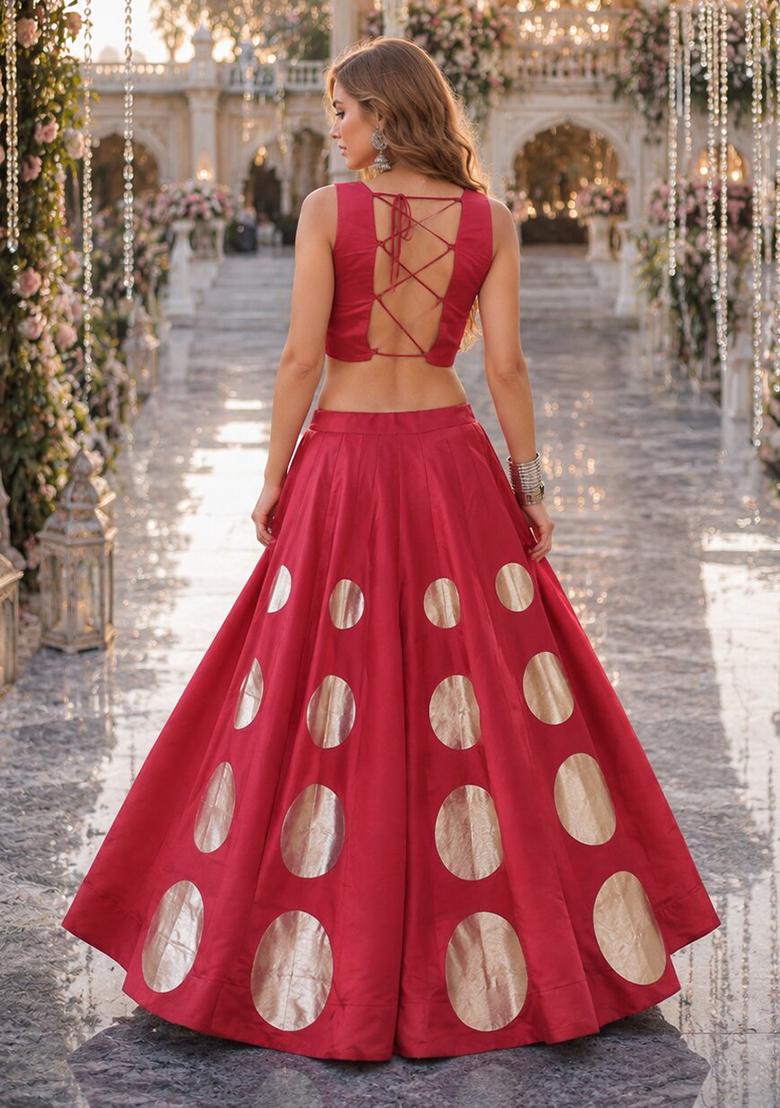 Red Mirror Work Silk Chaniya Choli Set For Navratri And Garba - Indya