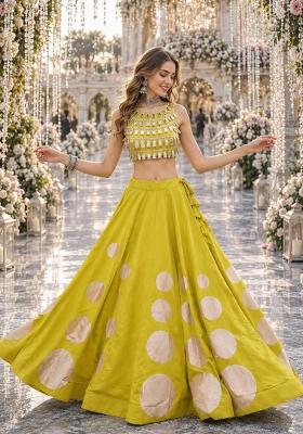 Yellow Mirror Work Silk Chaniya Choli Set For Navratri And Garba