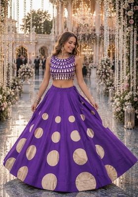 Violet Mirror Work Silk Chaniya Choli Set For Navratri And Garba