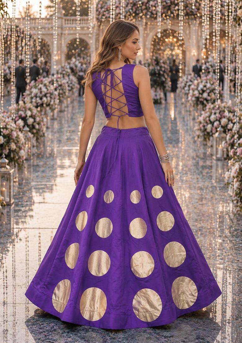 Violet Mirror Work Silk Chaniya Choli Set For Navratri And Garba - Indya