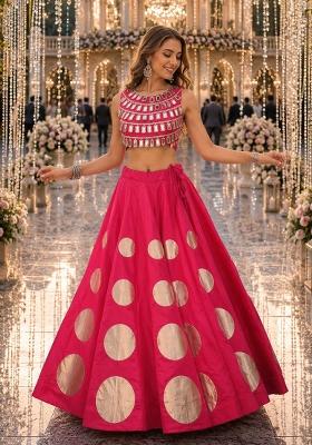 Rani Pink Mirror Work Silk Chaniya Choli Set For Navratri And Garba
