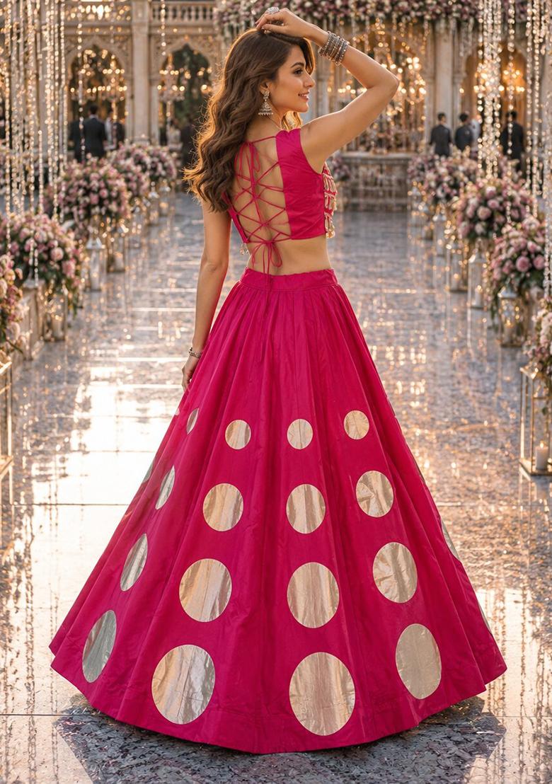Rani Pink Mirror Work Silk Chaniya Choli Set For Navratri And Garba - Indya