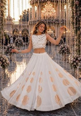 White Mirror Work Silk Chaniya Choli Set For Navratri And Garba