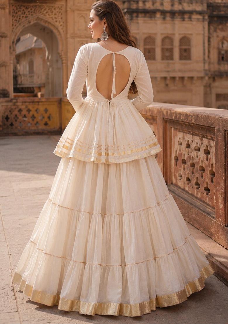 White Lace Work Cotton Chaniya Choli Set For Navratri And Garba - Indya