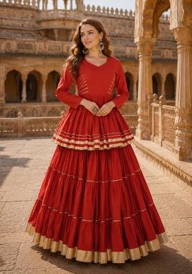 Orange Lace Work Cotton Chaniya Choli Set For Navratri And Garba