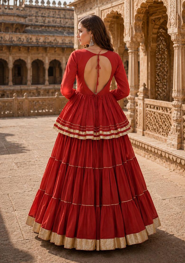 Orange Lace Work Cotton Chaniya Choli Set For Navratri And Garba - Indya