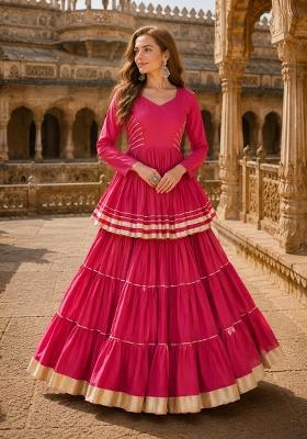 Rani Pink Lace Work Cotton Chaniya Choli Set For Navratri And Garba