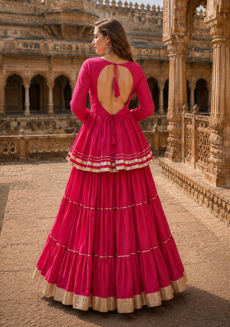 Rani Pink Lace Work Cotton Chaniya Choli Set For Navratri And Garba - Indya