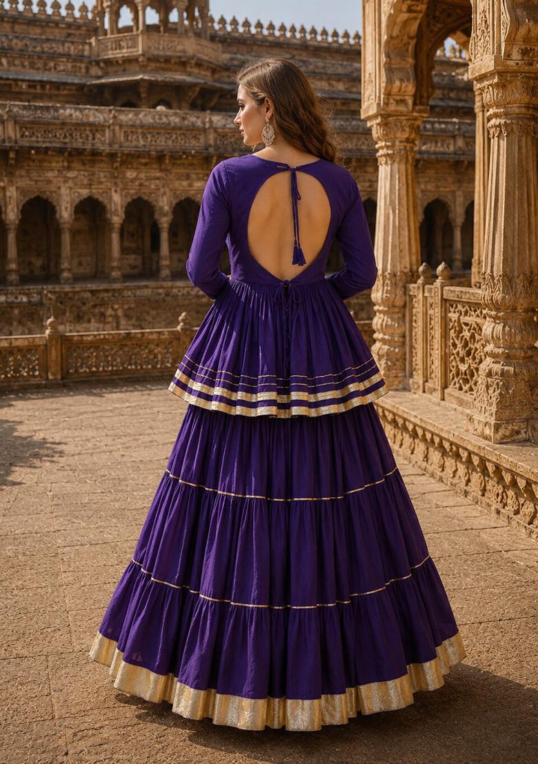 Violet Lace Work Cotton Chaniya Choli Set For Navratri And Garba - Indya