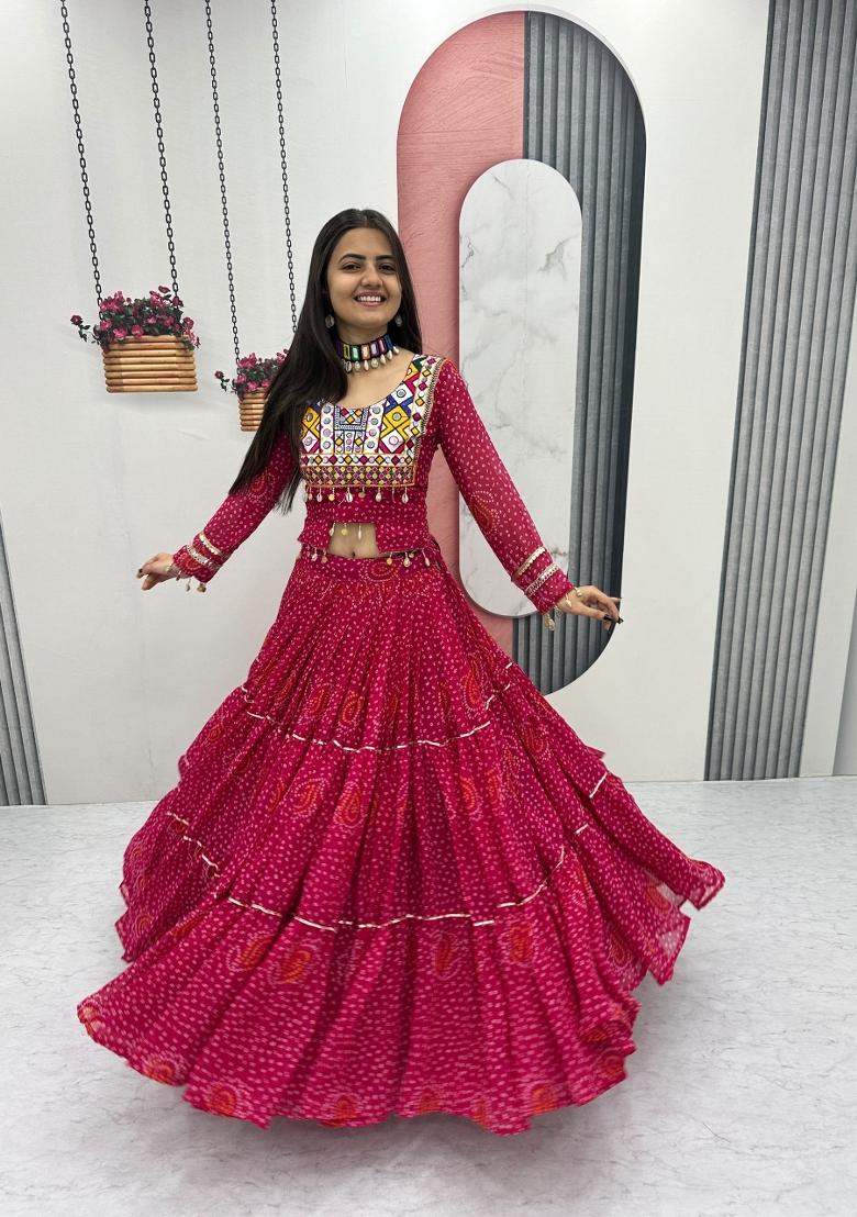 Rani Pink Embroidery Georgette Chaniya Choli Set For Navratri And Garba - Indya