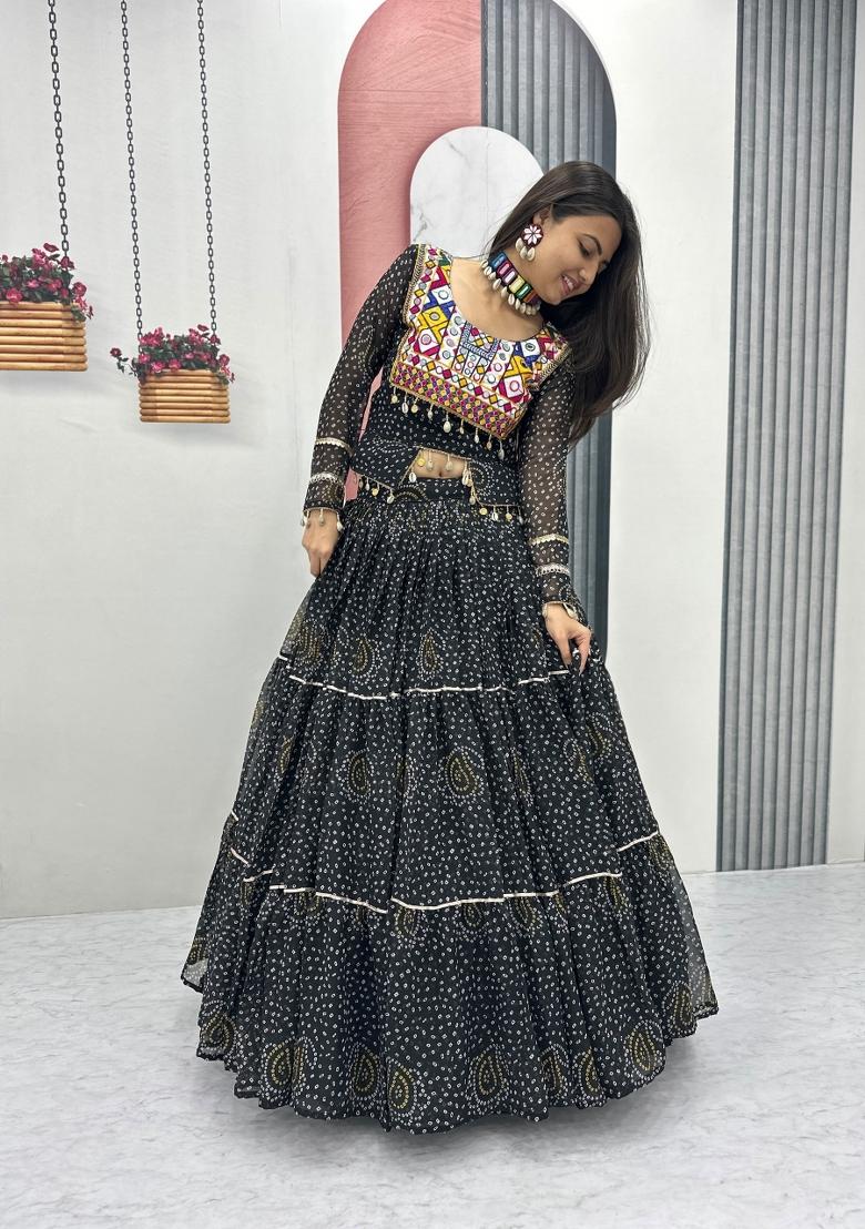 Black Embroidery Georgette Chaniya Choli Set For Navratri And Garba - Indya