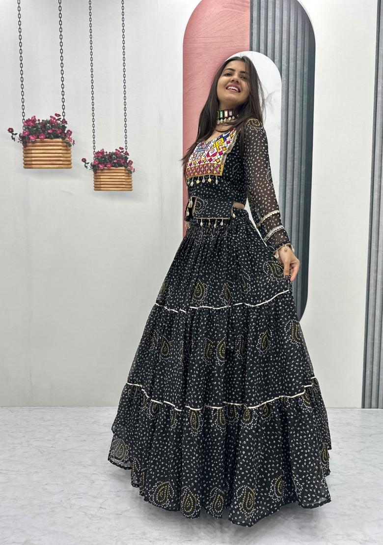 Black Embroidery Georgette Chaniya Choli Set For Navratri And Garba - Indya