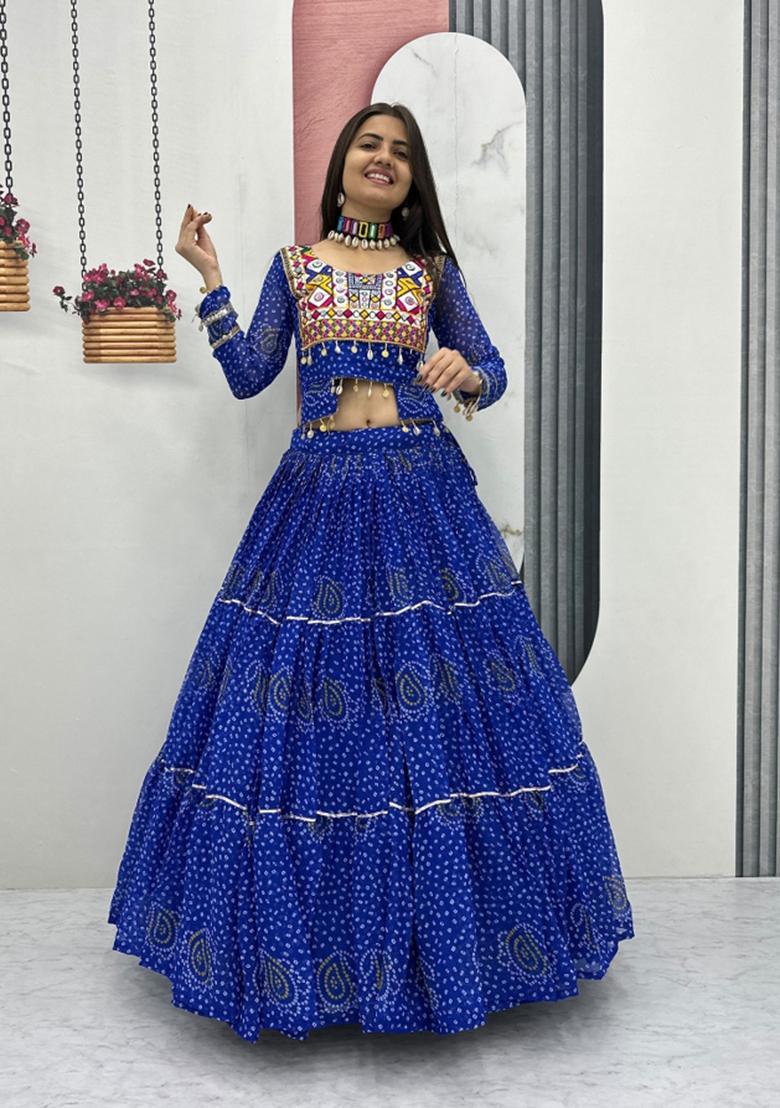 Blue Embroidery Georgette Chaniya Choli Set For Navratri And Garba - Indya