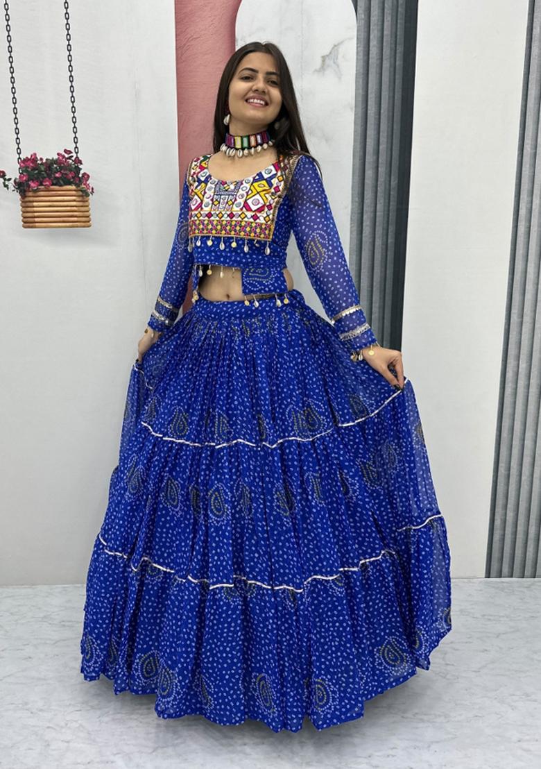 Blue Embroidery Georgette Chaniya Choli Set For Navratri And Garba - Indya