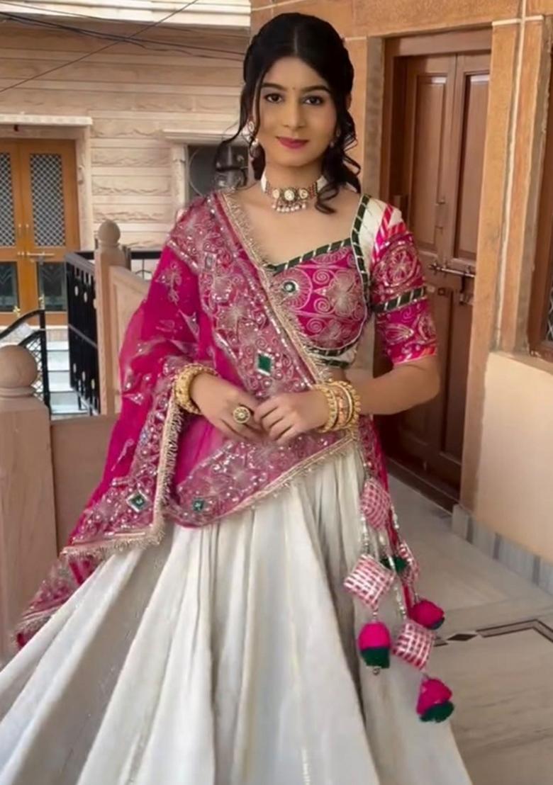 White Embroidery Silk Chaniya Choli Set For Navratri And Garba - Indya