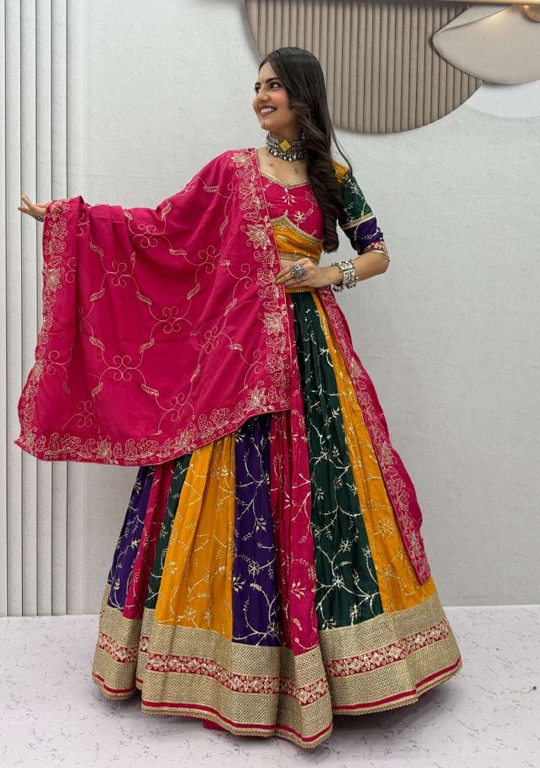 Multicolor Embroidery Silk Chaniya Choli Set For Navratri And Garba for Diwali | Wedding & Festive Wear - Indya