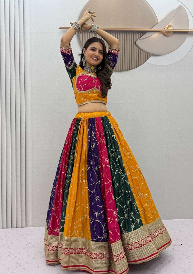 Multicolor Embroidery Silk Chaniya Choli Set For Navratri And Garba for Diwali | Wedding & Festive Wear - Indya