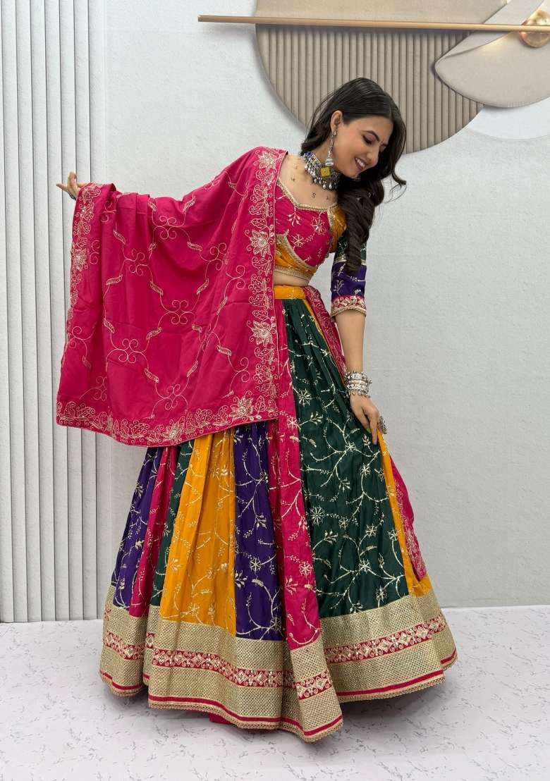Multicolor Embroidery Silk Chaniya Choli Set For Navratri And Garba for Diwali | Wedding & Festive Wear - Indya