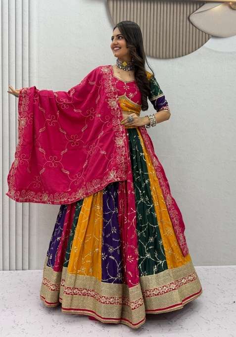 Multicolor Embroidery Silk Chaniya Choli Set For Navratri And Garba for Diwali | Wedding & Festive Wear