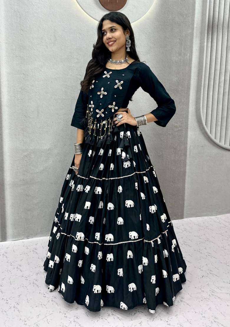 Black Handcrafted Cotton Chaniya Choli Set For Navratri And Garba for Diwali and Festive Wear - Indya