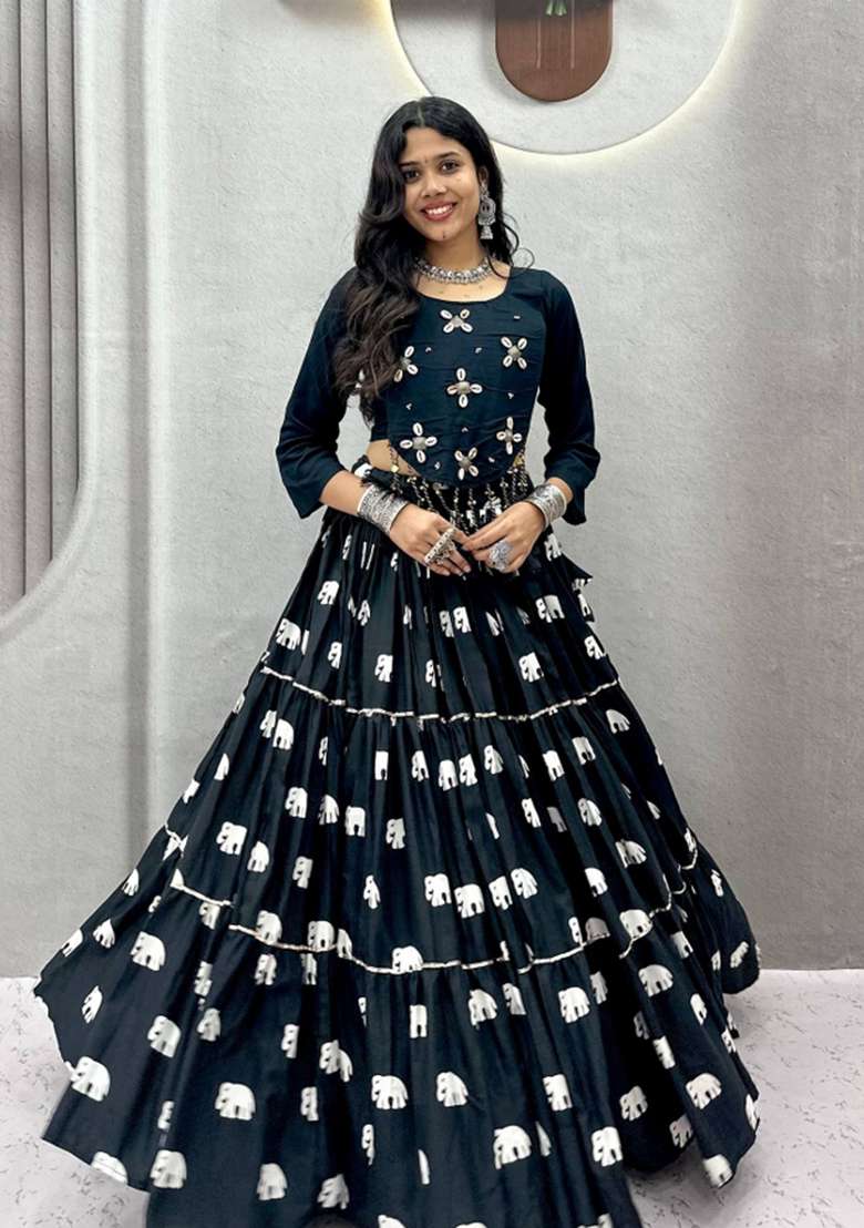 Black Handcrafted Cotton Chaniya Choli Set For Navratri And Garba for Diwali and Festive Wear - Indya