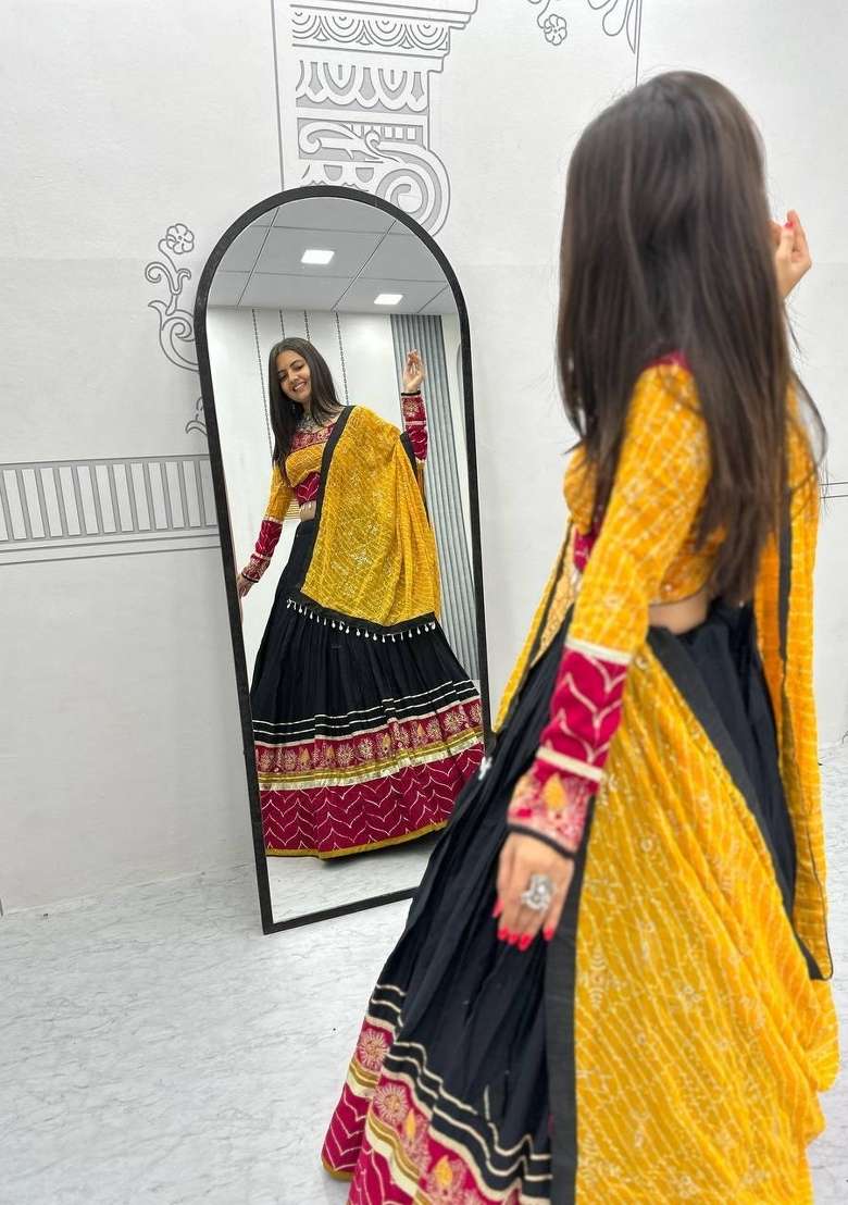 Black Embroidery Cotton Chaniya Choli Set For Navratri And Garba for Diwali | Wedding & Festive Wear - Indya