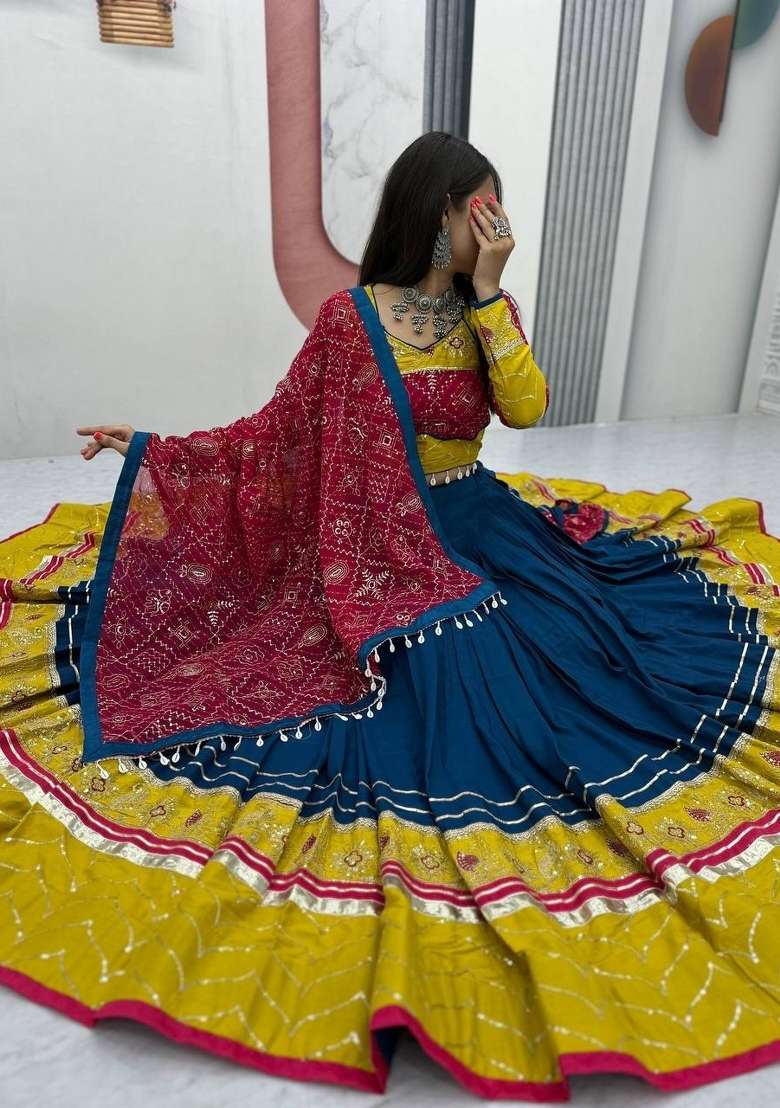 Blue Embroidery Cotton Chaniya Choli Set For Navratri And Garba for Diwali | Wedding & Festive Wear - Indya