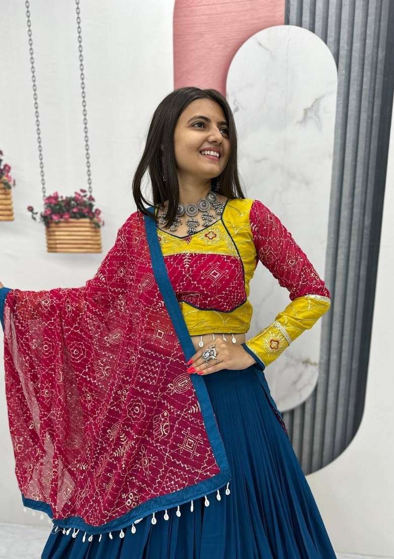 Blue Embroidery Cotton Chaniya Choli Set For Navratri And Garba for Diwali | Wedding & Festive Wear - Indya